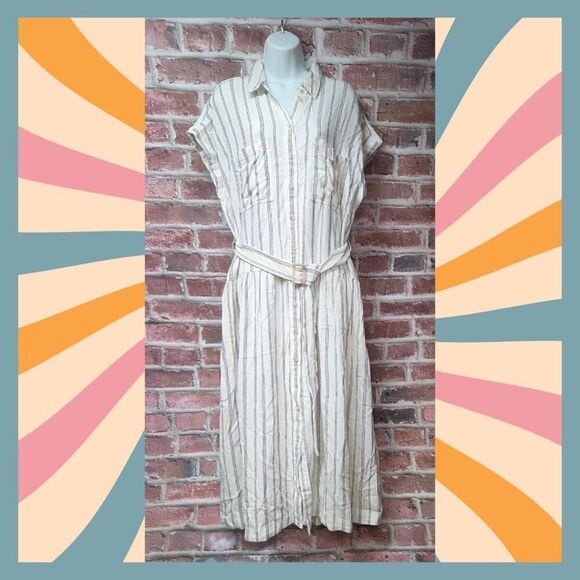 🤍 Universal Thread L White Striped Linen Shirtdress – Belted Midi Button-Down - Picture 1 of 7